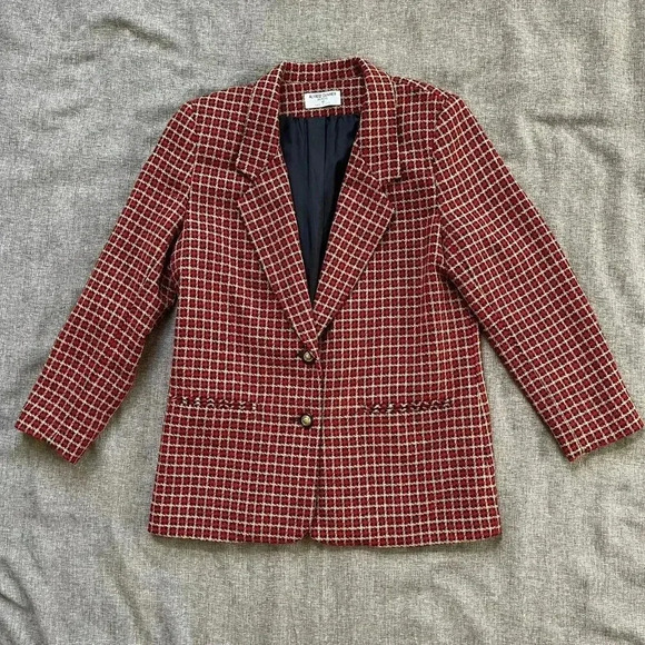 VTG Alfred Dunner Gingham Blazer Jacket Red Petite10 Wool Preppy Career Academia - Picture 2 of 14